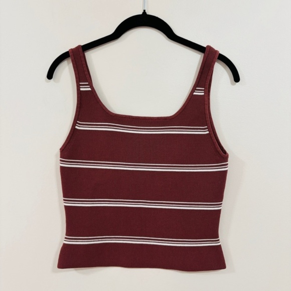 Babaton Sculpt Knit Squareneck Tank, Maroon and White Stripes, Size Large